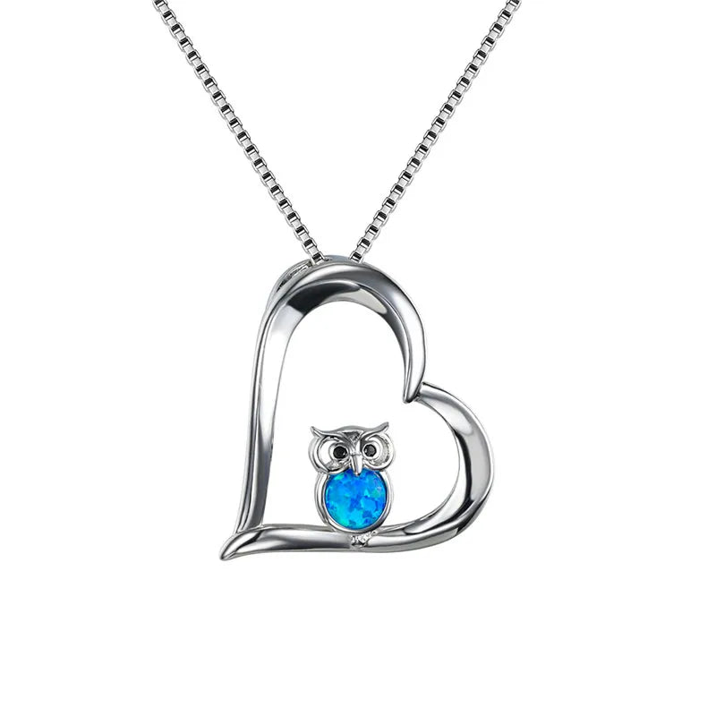 Owl Blue Opal Hollow Heart Pendant Necklace