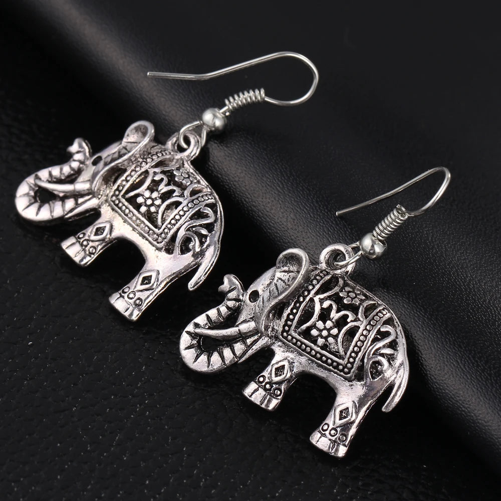 Elephant Long Dangle Earring Silver Color