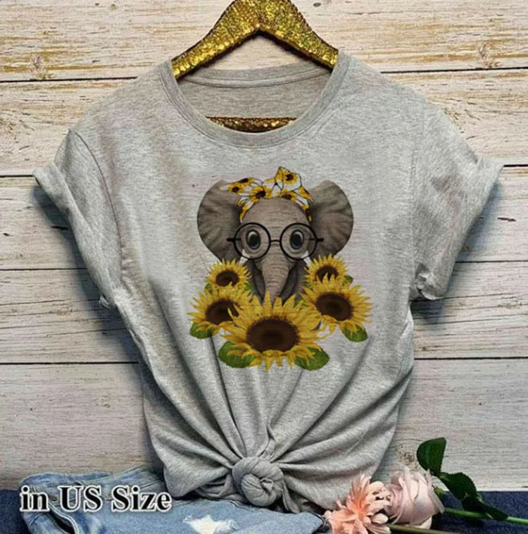 Elephant Cartoon Sunflower Print T Shirt Short Sleeve O Neck