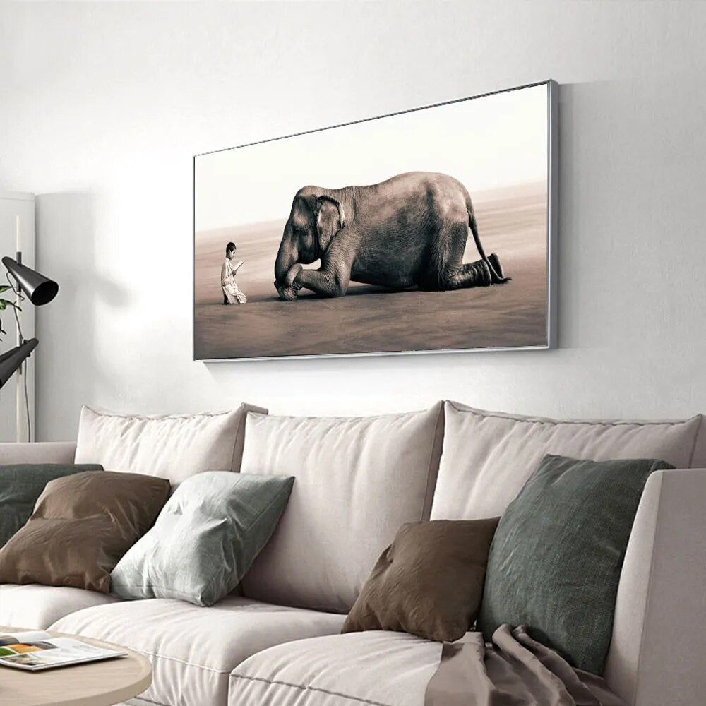 Elephant And Little Boy Painting Canvas