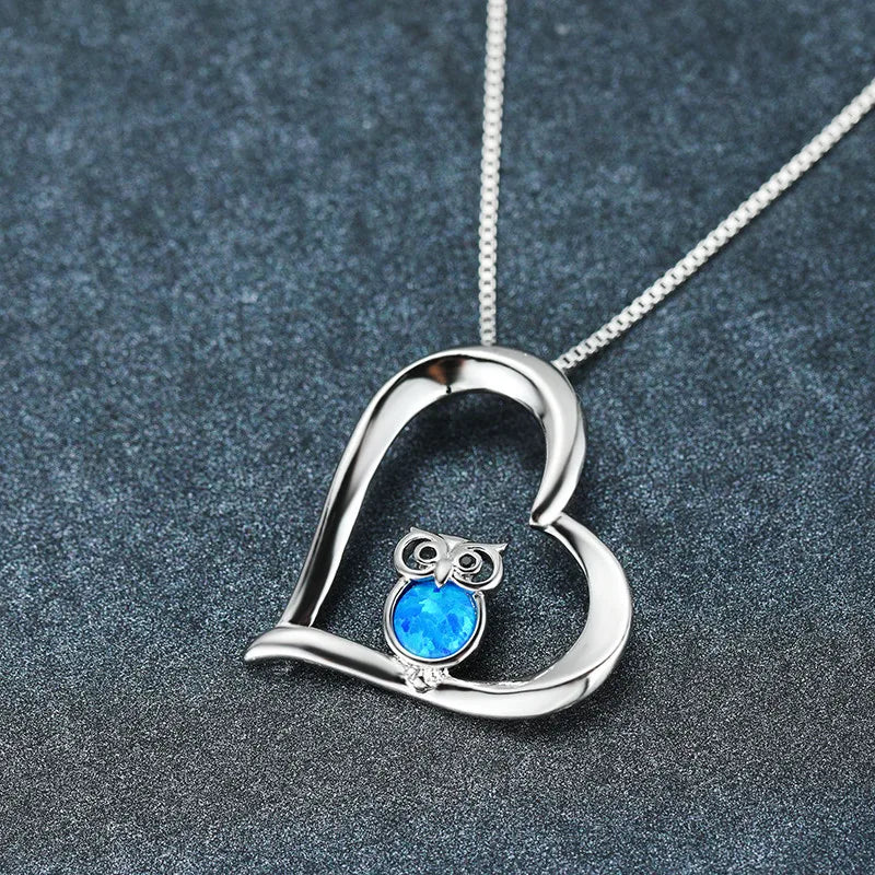 Owl Blue Opal Hollow Heart Pendant Necklace