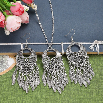 Native Alloy Feather Tassel Round Carved Earrings Sets