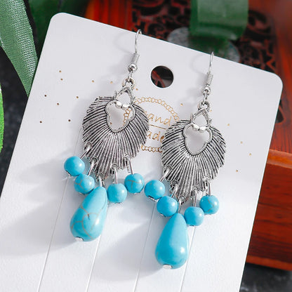 Native Turquoise Stone Tassel Drop Earrings