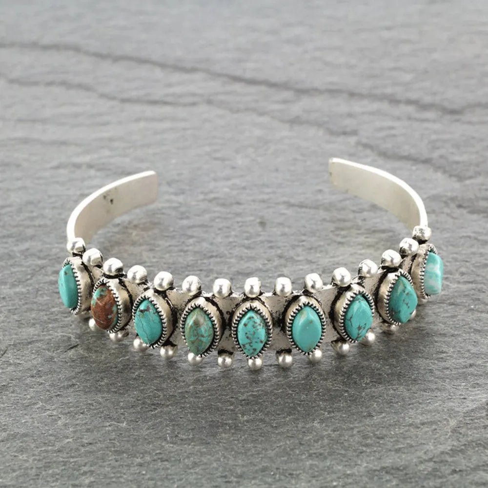 Native Antique Silver Color Natural Stone Bracelet