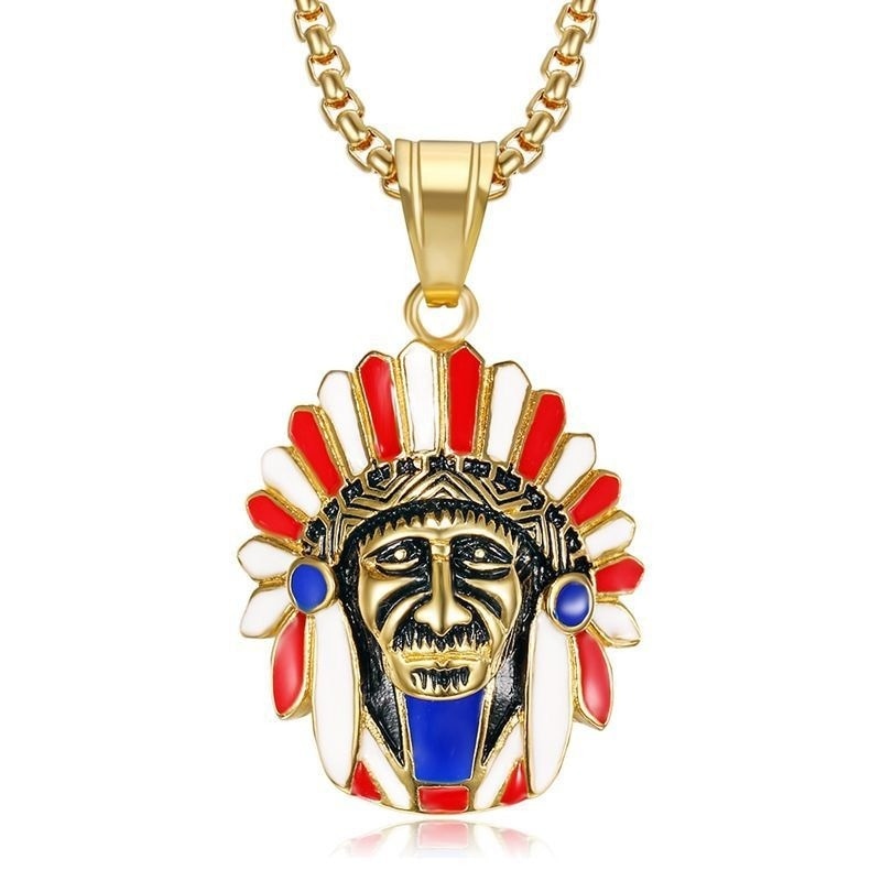 Native Titanium Steel Gold Plated Indian Chief Pendant Necklace