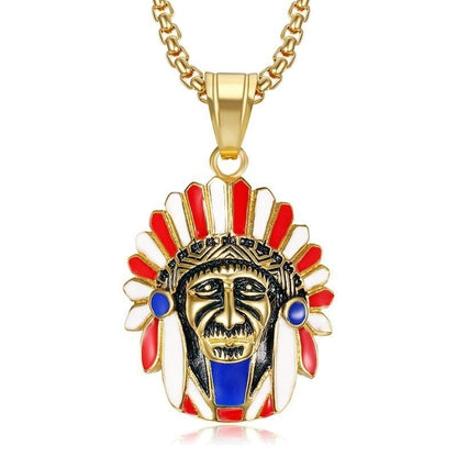 Native Titanium Steel Gold Plated Indian Chief Pendant Necklace