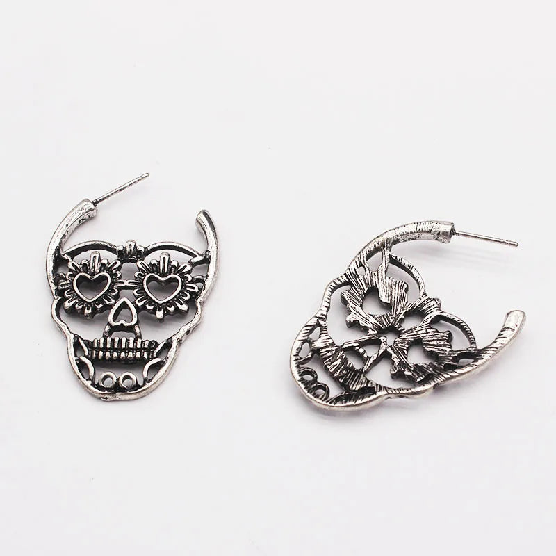 Skull Dark Black Antique Pattern Skull Earrings