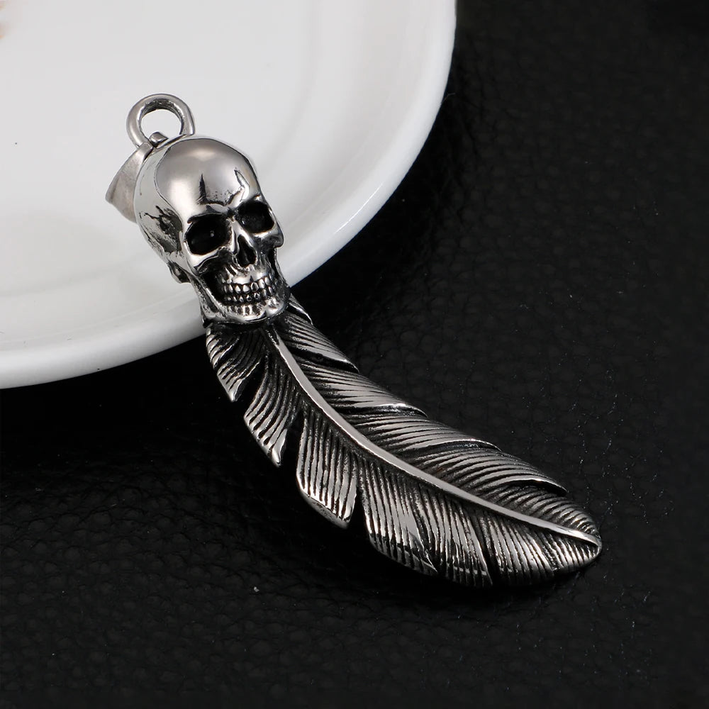 Skull Feather Pendant Stainless Steel Chain Necklace