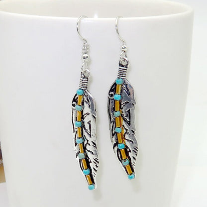 Native Vintage Metal Leaf Feather Long Dangle Earrings Silver Color Hook