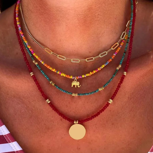 Elephant Pendant Bohemian Multilayer Colorful Beads Chain Necklaces