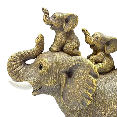 3 Baby Elephants Riding An Elephant Statue Figurine