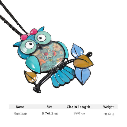 Owl Pendant Necklace Enamel Metal