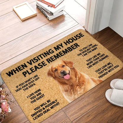 Dog Doormat Decor Print "Please Remember Golden Retriever Dogs House Rules" Flannel Mats Non-Slip 3D Soft Flannel