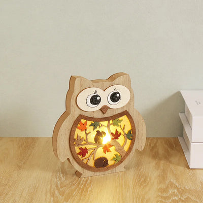 Owl Shape Wooden Carving Art LED Light Glow