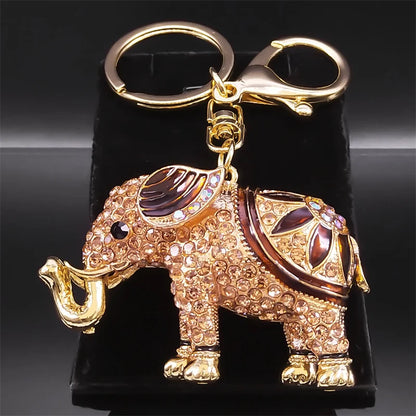 Elephant Rhinestone Keychain Gold Color Metal