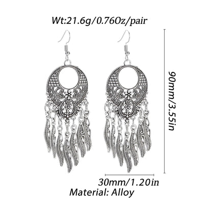 Native Alloy Feather Tassel Round Carved Earrings Sets