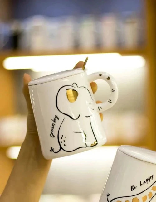 Elephant Ceramic Water Cup With Lid Spoon