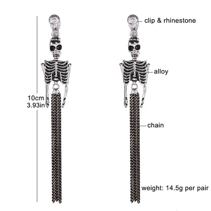 Skull Dangle Clip Earrings Long Exaggerated