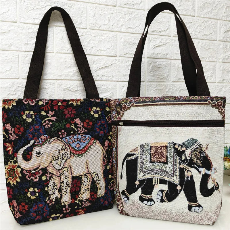 Elephant Double-sided Embroidered Shoulder Bag Canvas Large Capacity