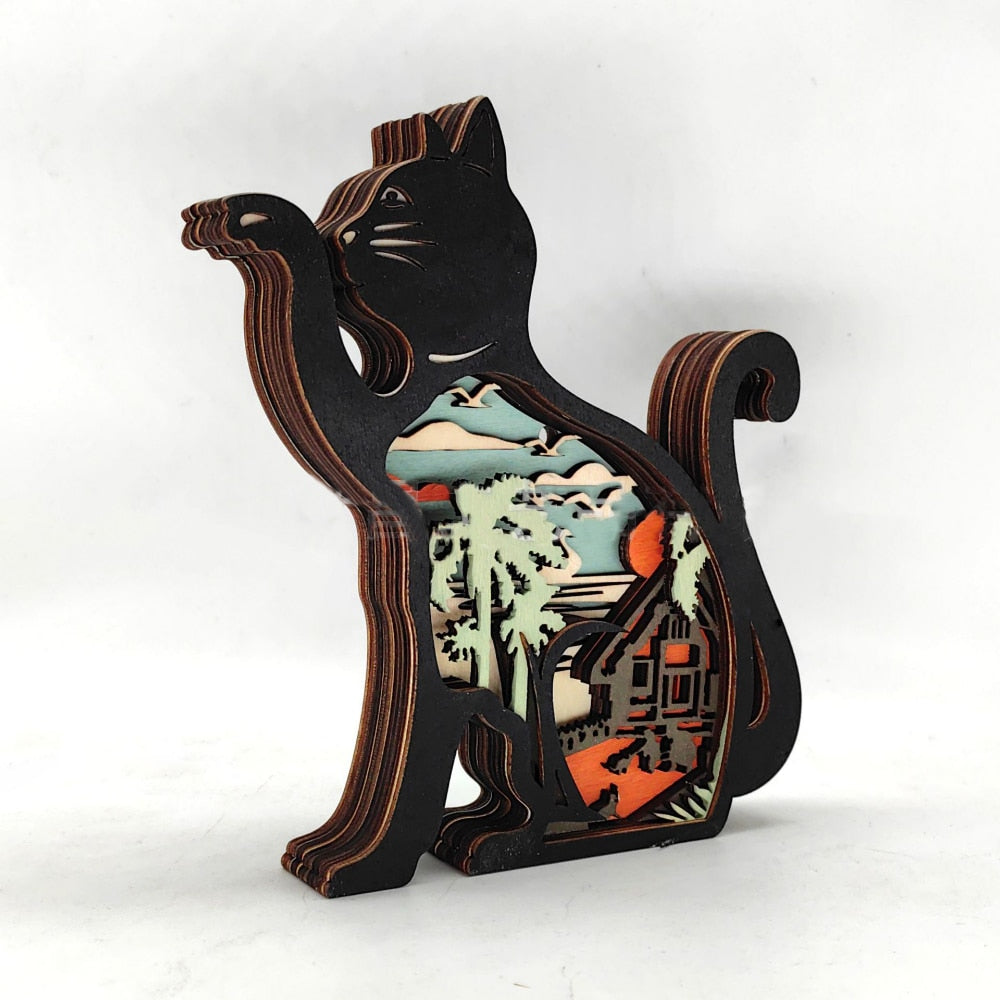 Wooden Cat Carved Figurine Led Light