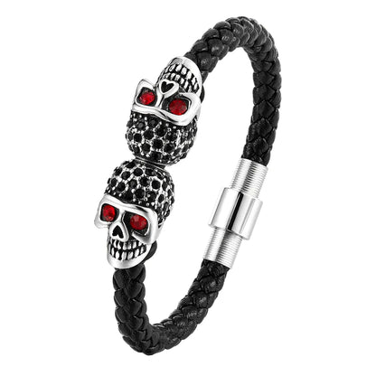 Skull Bracelet Stainless Steel  Black Leather