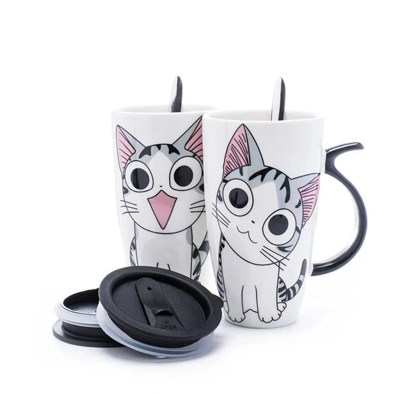 Cat Ceramic Mug With Lid And Spoon