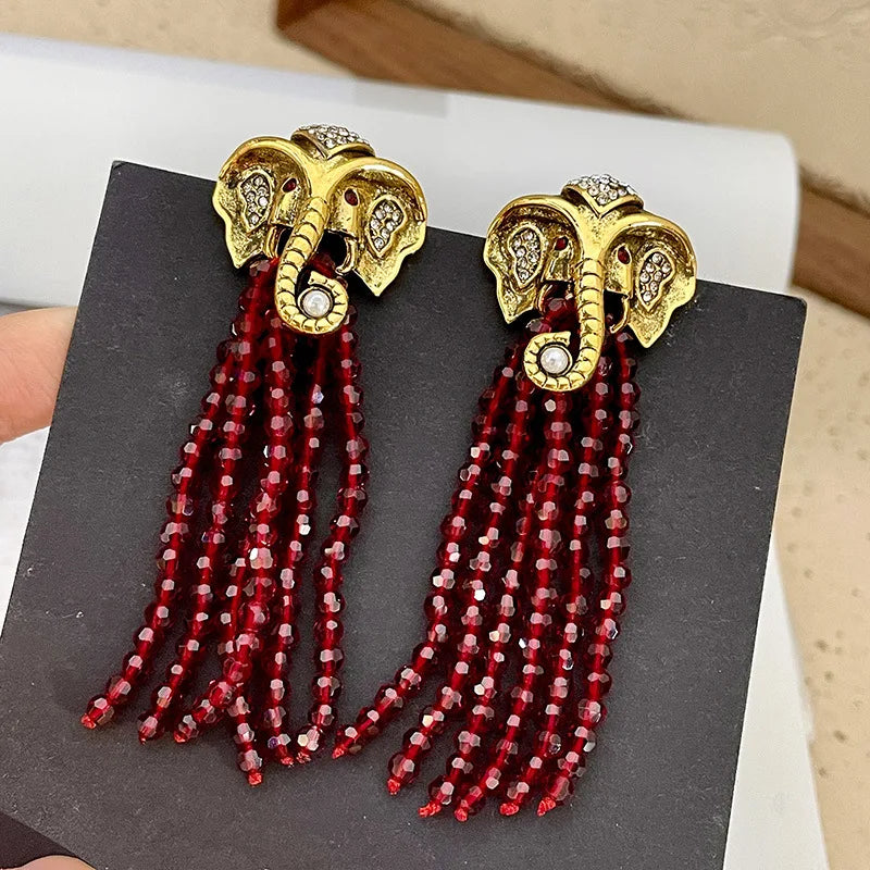 Elephant Earrings Red Crystal Beads Tassels Earrings Vintage Golden