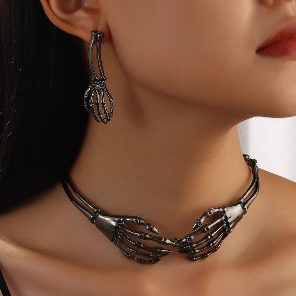 Skull Gothic Metal Retro Hand Neck Chain Necklace And Earring Set