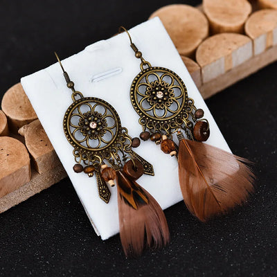 Native Brown Feather Tassel Earrings