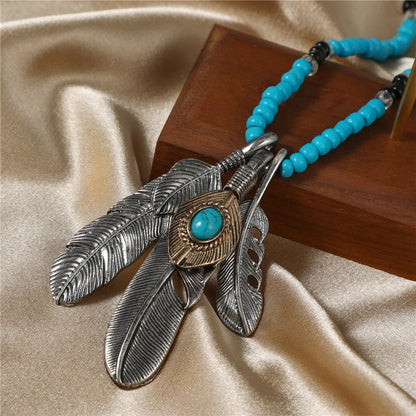 Native Alloy Feather Necklace Beaded Turquoise