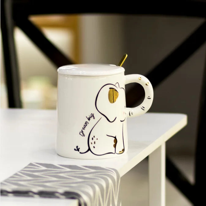 Elephant Ceramic Water Cup With Lid Spoon