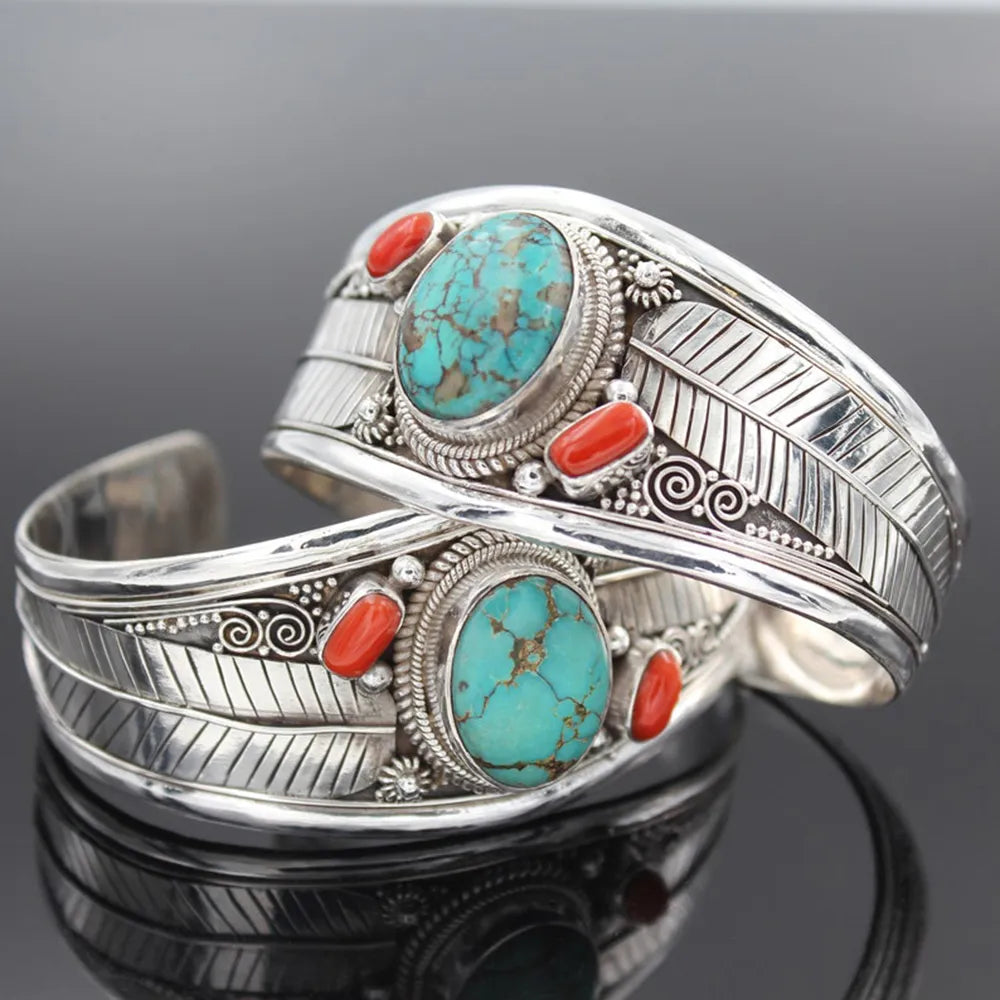 Native Antique Silver Color Blue Natural Stone Bracelet