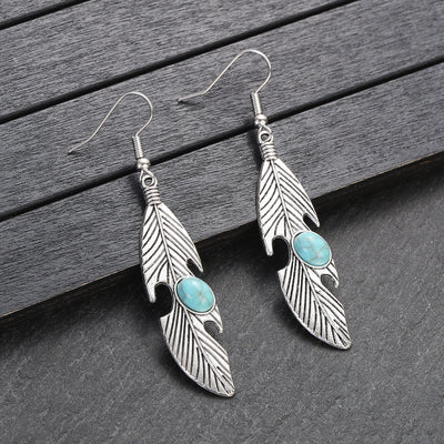 Native Silver Color Blue Turquoise Feather Pendant Necklace Set