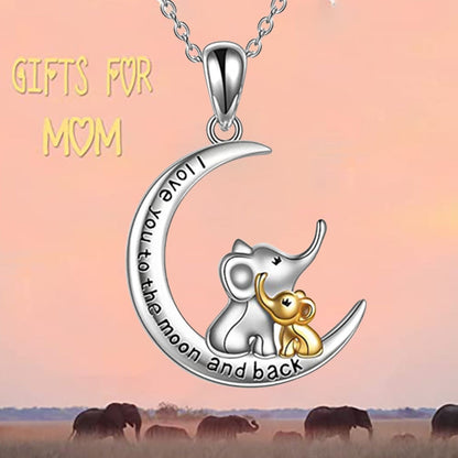 Elephant Mother and Child Necklace Moon