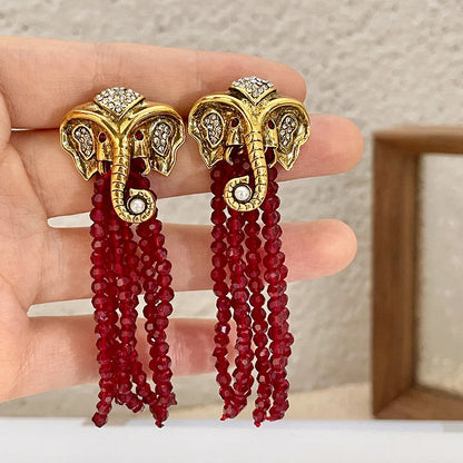 Elephant Earrings Red Crystal Beads Tassels Earrings Vintage Golden