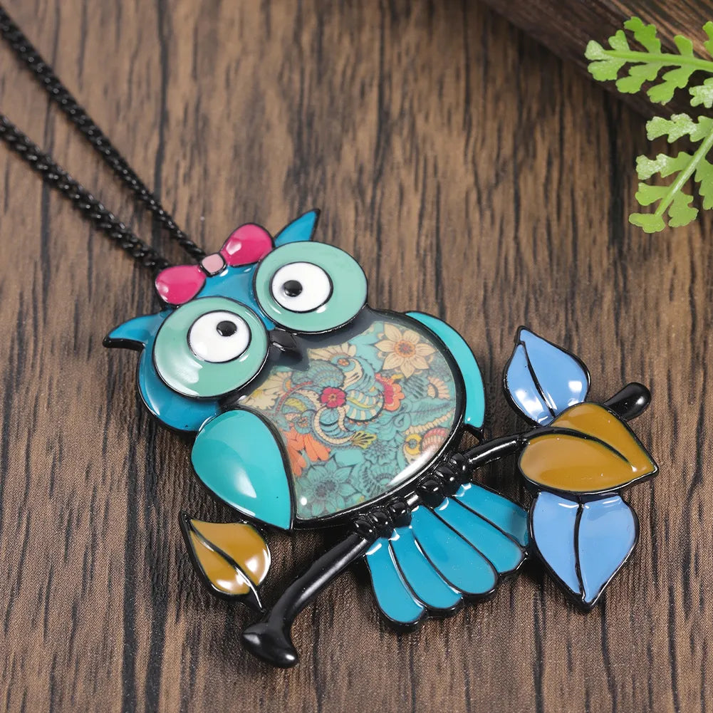 Owl Pendant Necklace Enamel Metal