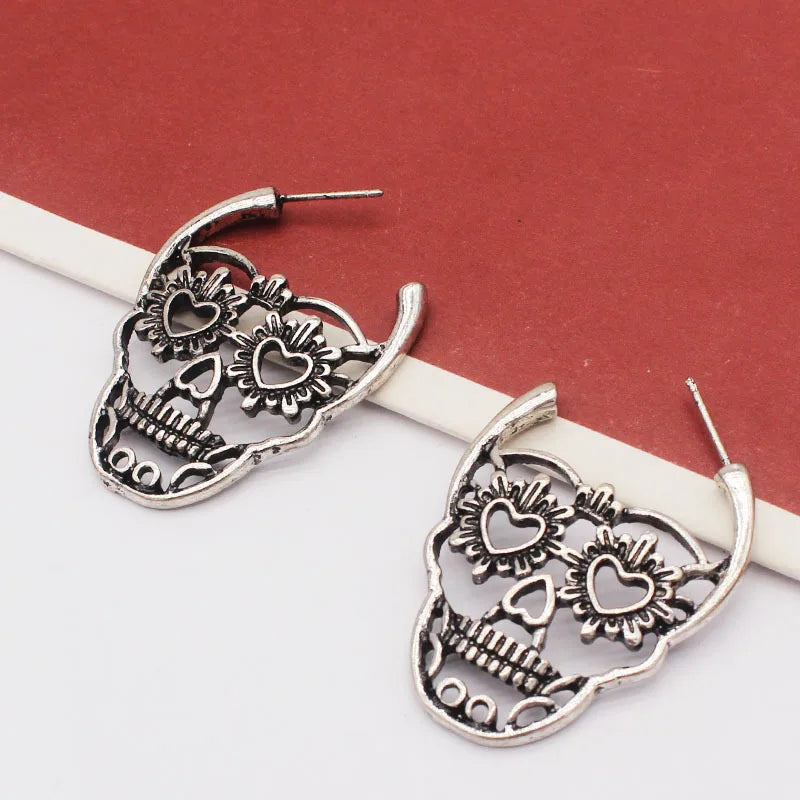 Skull Dark Black Antique Pattern Skull Earrings