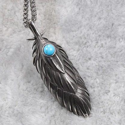 Native Turquoise Stone Inlaid Metal Feather Pendant Necklace