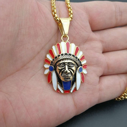 Native Titanium Steel Gold Plated Indian Chief Pendant Necklace