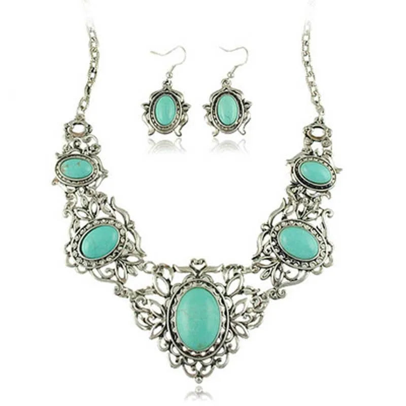 Native Turquoise Silver Pendant Necklace Earrings Set