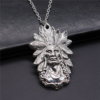 Native Antique Silver Indian Chief Pendant Necklace