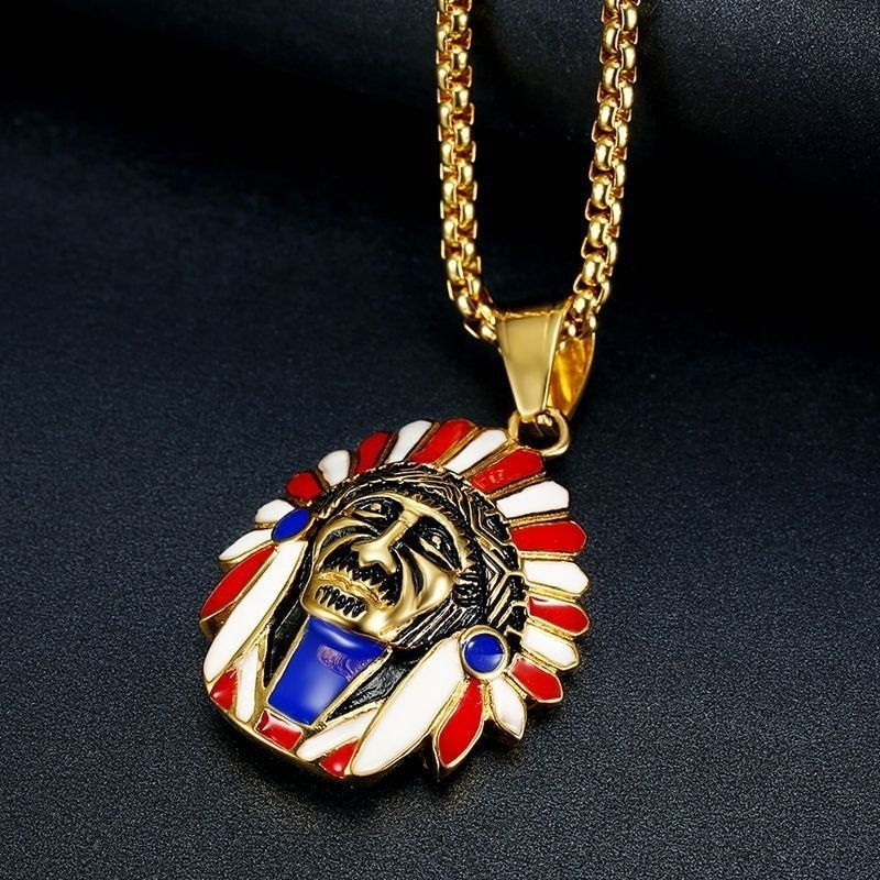 Native Titanium Steel Gold Plated Indian Chief Pendant Necklace