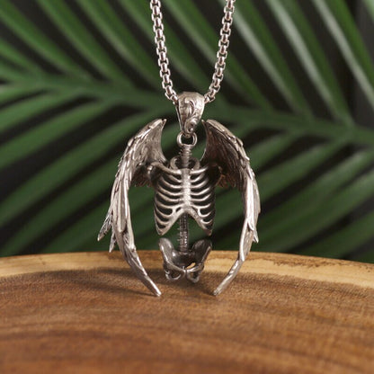 Wings Grim Skull Pendant Necklace