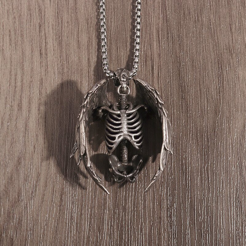 Wings Grim Skull Pendant Necklace