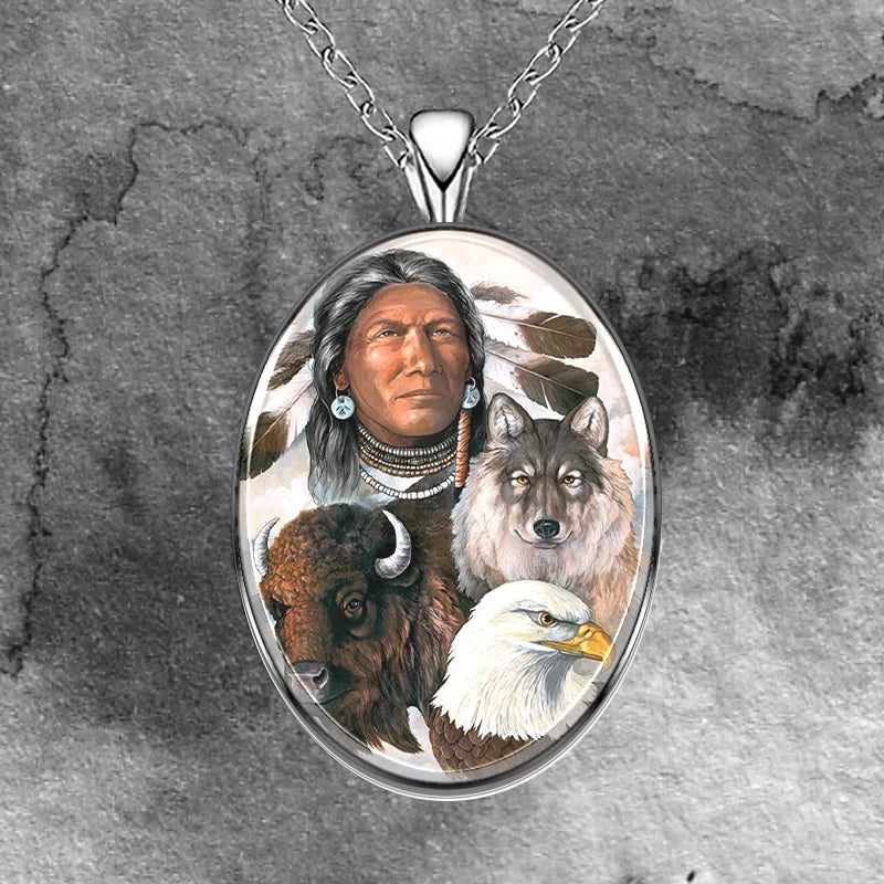 Native Painted Wolf Head Pendant Necklace