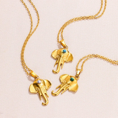 Elephant Pendant Necklaces Natural Stone Gold Color Stainless Steel