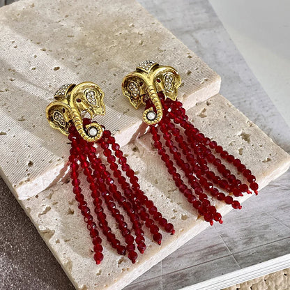 Elephant Earrings Red Crystal Beads Tassels Earrings Vintage Golden