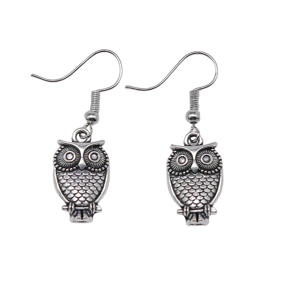 Owl Antique Silver Color Drop Earrings