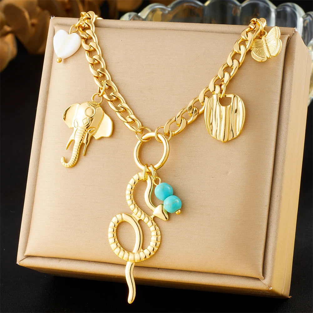 Elephant Stainless Steel Turquoise Pendant Necklace