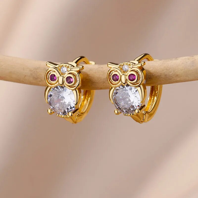 Owl & Elephant Crystal Hoop Earrings Zircon Stone